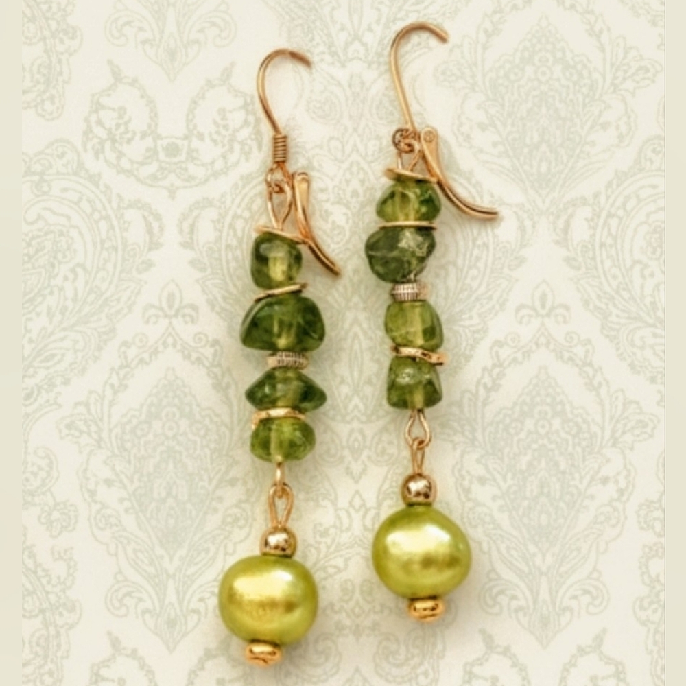 Genuine Arizona PERIDOT & Green Baroque Pearl In 18K Gold Plated Long Earrings